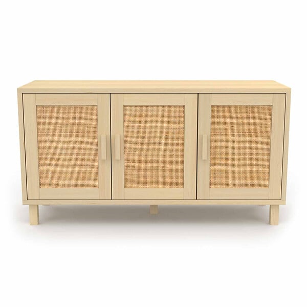 ID MARKET - Buffet bas vintage 113 cm ELIN 3 portes effet naturel cannage - large