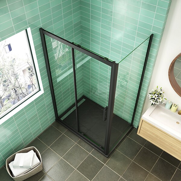 AICA SANITAIRE - AICA cabine de douche coulissante 100x90x195cm porte de douche avec l'amortisseur 100cm cabine de douche Noire en 8mm verre anticalcaire - large