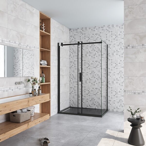 AICA SANITAIRE - AICA cabine de douche coulissante 100x80x200cm porte de douche + paroi latérale Hauteur 200cm En 8mm verre anticalcaire profilé noir mat - large