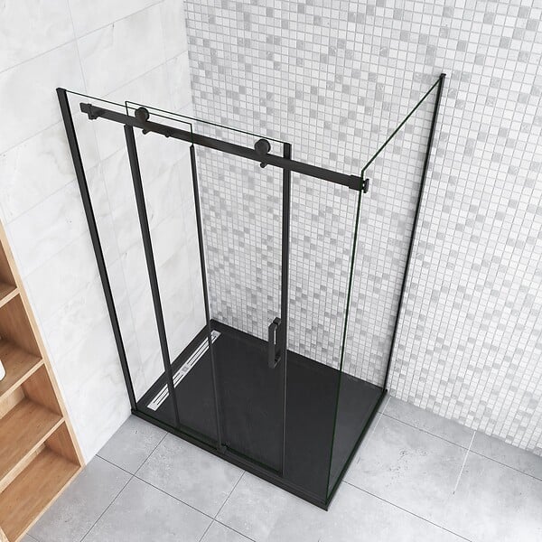 AICA SANITAIRE - AICA cabine de douche coulissante 100x90x200cm porte de douche + paroi latérale Hauteur 200cm En 8mm verre anticalcaire profilé noir mat - large
