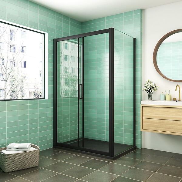 AICA SANITAIRE - AICA cabine de douche coulissante 140x80x195cm porte de douche avec l'amortisseur 140cm cabine de douche Noire en 8mm verre anticalcaire - large