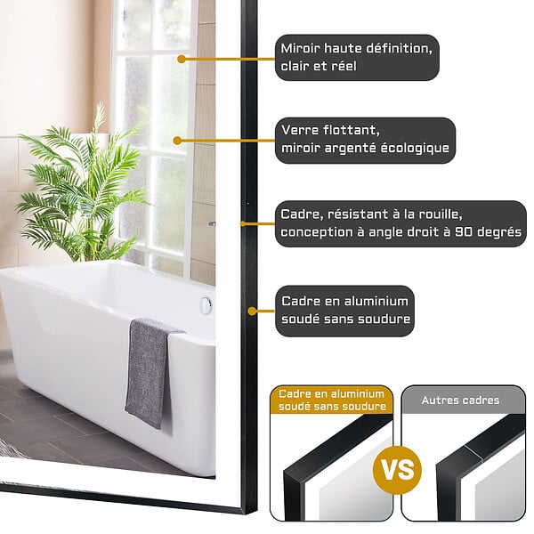AICA SANITAIRE - AICA Miroir de salle de bain LED 70x50cm avec cadre noir à angle droit, 3 couleurs + anti-buée + mémoire + gradation infinie - large
