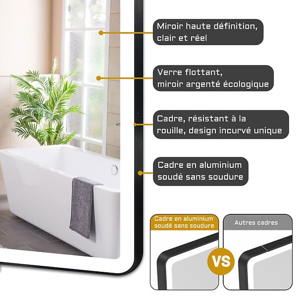 AICA SANITAIRE - AICA miroir de salle de bain LED 70x50cm avec cadre noir, tricolore + anti-buée + mémoire + gradation infinie - large