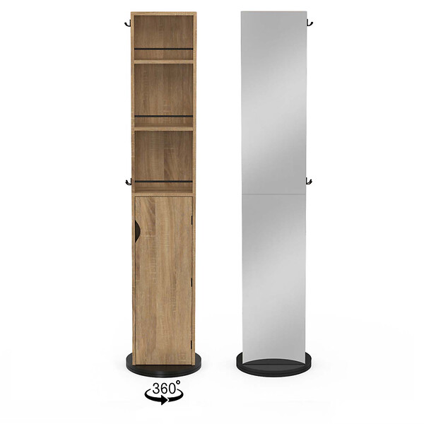 ID MARKET - Meuble colonne pivotante de salle de bain avec miroir, placard et étagères hêtre et noir ELIA - large