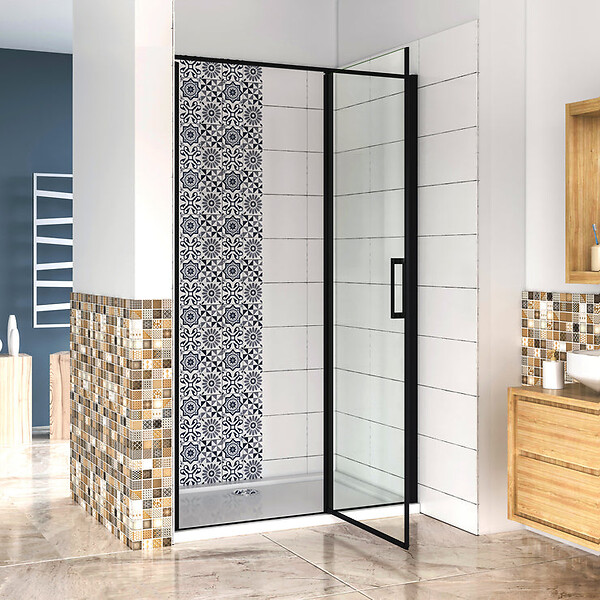 AICA SANITAIRE - AICA porte de douche pivotante 90x185cm porte de douche noire en 6mm verre anticalcaire installation en niche - large