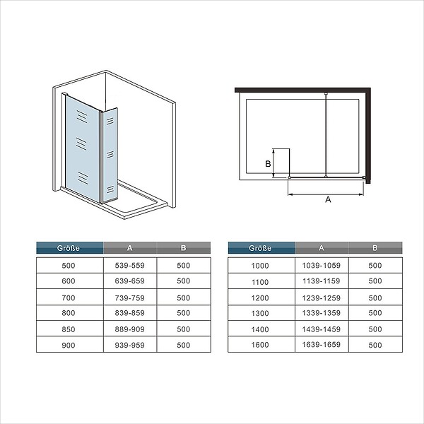 AICA SANITAIRE - AICA paroi de douche 50x200cm avec retour pivotant 50x200cm en 8mm verre securit, paroi de douche à l'italienne avec une barre de fixation carrée 90cm - large