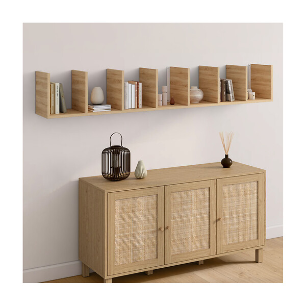 ID MARKET - Etagère murale suspendue double position CHIARA 8 étagères façon hêtre 190 cm - large
