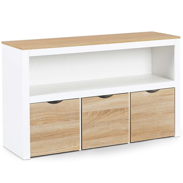 ID MARKET - Meuble de rangement enfant MANA en bois blanc et hêtre 3 tiroirs cubes sur roulettes - large