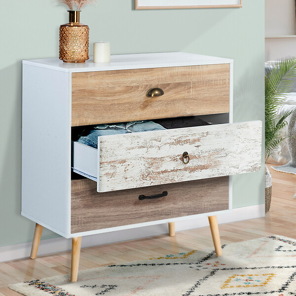 ID MARKET - Commode 3 tiroirs BAHIA 75 cm scandinave - large