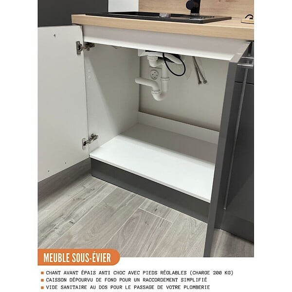 CUISINEANDCIE - Cuisineandcie - Meuble sous-évier Eco Gris Brillant 2 portes L 80 cm - large