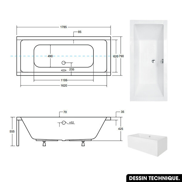OTITEC - Baignoire rectangulaire 180 x 80 cm - avec Tablier Noir Mat et Repose Tête OFFERT | QUADRO - large