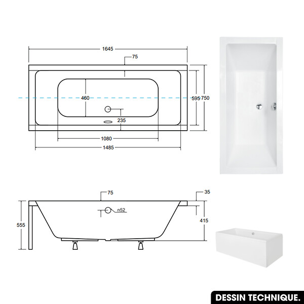 OTITEC - Baignoire rectangulaire 165 x75 cm - avec Tablier Blanc et Repose Tête OFFERT | QUADRO - large