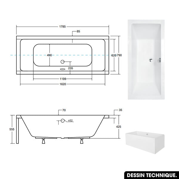 OTITEC - Baignoire rectangulaire 180  x 80 cm - avec Tablier Blanc et Repose Tête OFFERT | QUADRO - large