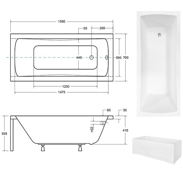 BESCO - Baignoire rectangulaire 160 x 70 cm + tablier blanc + repose tête - OPTIMA - large
