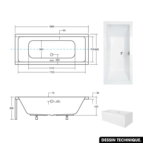 OTITEC - Baignoire rectangulaire 190 x 90 cm - avec Tablier Noir Mat et Repose Tête OFFERT | QUADRO - large