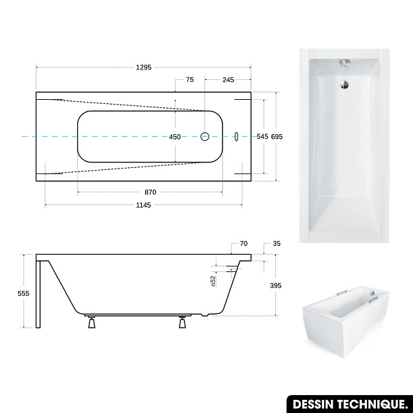 BESCO - Baignoire rectangulaire 130 x 70 cm - avec Tablier Blanc et Repose Tête OFFERT | MODERN - large