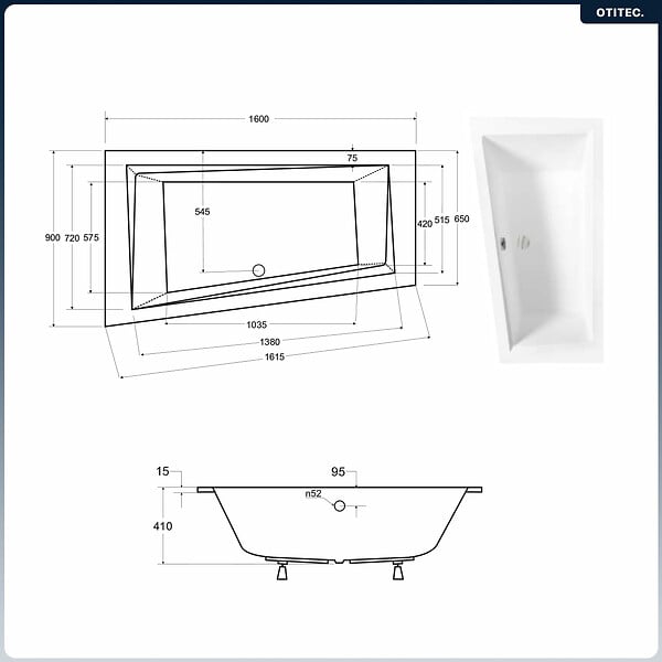 BESCO - Baignoire asymétrique - 160 x 90 cm - Gauche - sans Habillage - avec Pieds - Vidage Chrome - INTIMA SLIM - large