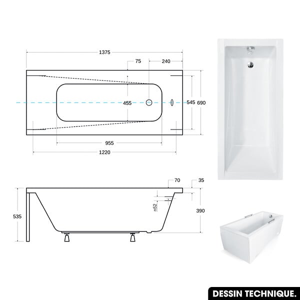 BESCO - Baignoire rectangulaire 140 x 70 cm - avec Tablier Blanc et Repose Tête OFFERT | MODERN - large