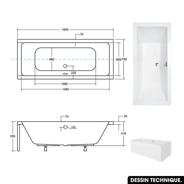 OTITEC - Baignoire rectangulaire 165 x75 cm - avec Tablier Noir Mat et Repose Tête OFFERT | QUADRO - large