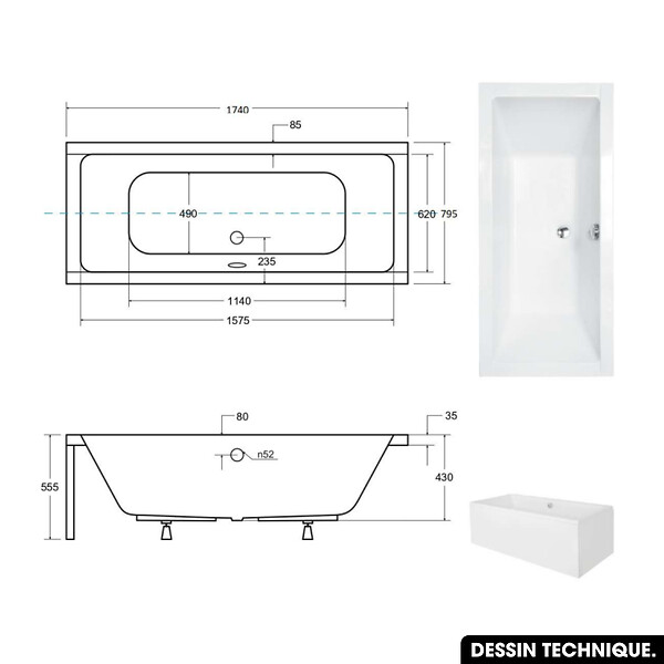 OTITEC - Baignoire rectangulaire 175  x 80 cm - avec Tablier Blanc et Repose Tête OFFERT | QUADRO - large