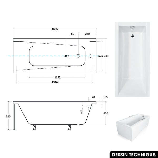 BESCO - Baignoire rectangulaire 170 x 70 cm - avec Tablier Blanc et Repose Tête OFFERT | MODERN - large