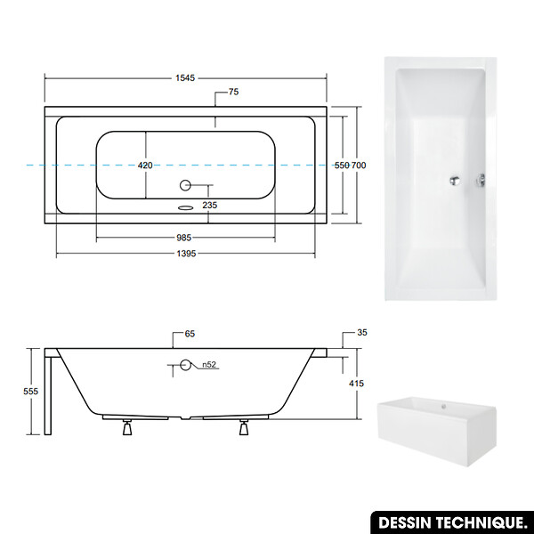 OTITEC - Baignoire rectangulaire 155 x 70 cm - avec Tablier Blanc et Repose Tête OFFERT | QUADRO - large