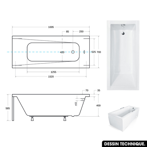 BESCO - Baignoire rectangulaire 170 x 70 cm - avec Tablier Noir Mat et Repose Tête OFFERT | MODERN - large