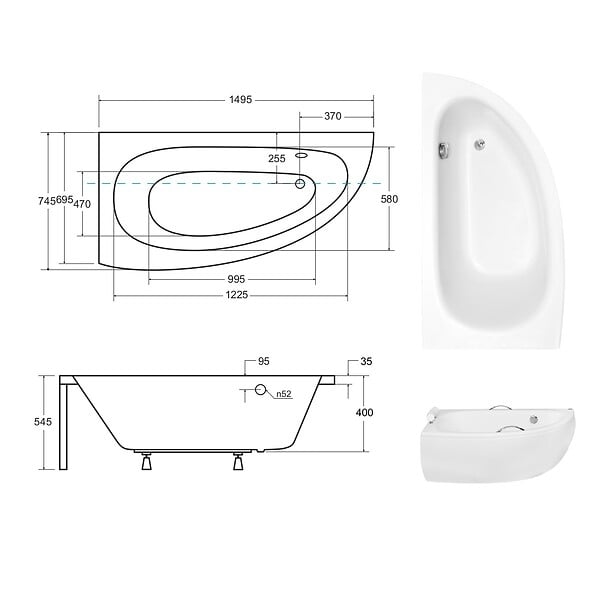 BESCO - Baignoire asymétrique 150 x 70 cm + tablier blanc + repose tête + poignées - MILENA PREMIUM - Gauche - large