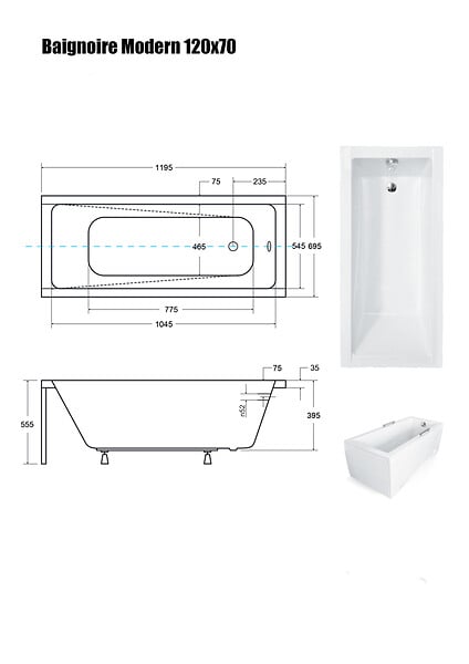 BESCO - Baignoire Droite sans Tablier - 120 x 70 cm - MODERN SANS TABLIER - REPOSE-TÊTE OFFERT - large