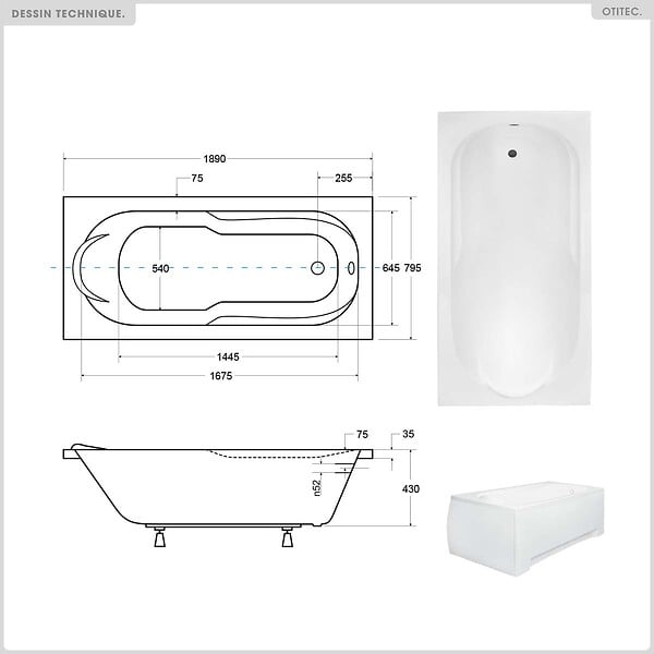 BESCO - Baignoire rectangulaire - 190 x 80 cm - sans Habillage - avec Pieds - Vidage Chrome - BONA - large