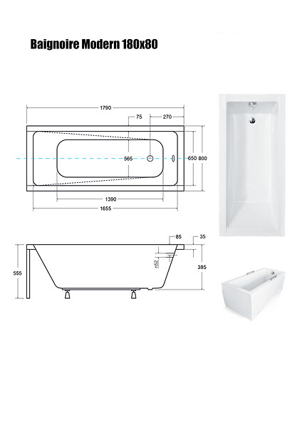BESCO - Baignoire Droite sans Tablier - 180 x 80 cm - MODERN SANS TABLIER - REPOSE-TÊTE OFFERT - large
