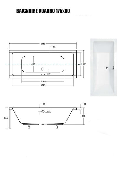 OTITEC - Baignoire Droite sans Tablier - 175 x 80 cm - QUADRO SANS TABLIER - REPOSE-TÊTE OFFERT - large