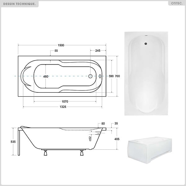 BESCO - Baignoire rectangulaire - 150 x 70 cm - sans Habillage - avec Pieds - Repose-tête - Vidage Chrome - BONA - large