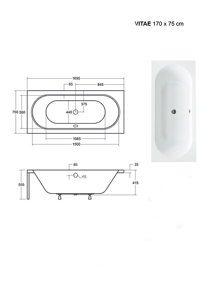 BESCO - Baignoire Droite sans Tablier - 170 x 75 cm - VITAE SANS TABLIER - REPOSE-TÊTE OFFERT - large