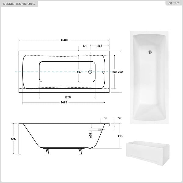 BESCO - Baignoire rectangulaire - 150 x 70 cm - sans Habillage - avec Pieds - Vidage Chrome - OPTIMA - large