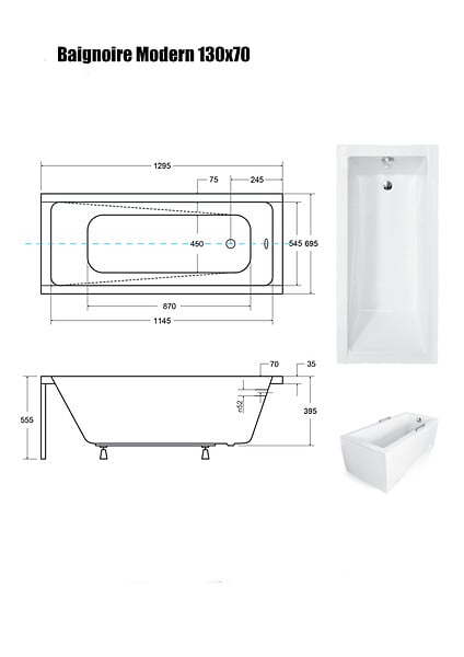BESCO - Baignoire Droite sans Tablier - 130 x 70 cm - MODERN SANS TABLIER - REPOSE-TÊTE OFFERT - large