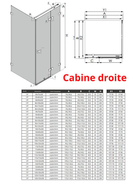 OTITEC - Cabine de douche doré brossé 80x120 cm,pivotante droite  BALI GOLD BRUSHED, acces de face - large