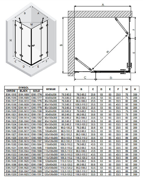 OTITEC - Cabine de douche 100x90cm 2 portes pivotantes,MIAMI GOLD, doré,acces d'angle - large