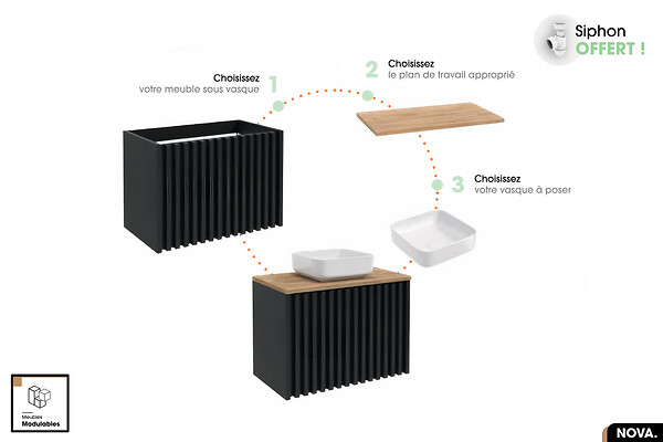 OTITEC - Ensemble complet de salle de bain - Meuble - Colonne - Miroir - Vasque à poser avec Siphon OFFERT | NOVA | Noir | 60 x 56 x 45 cm - large