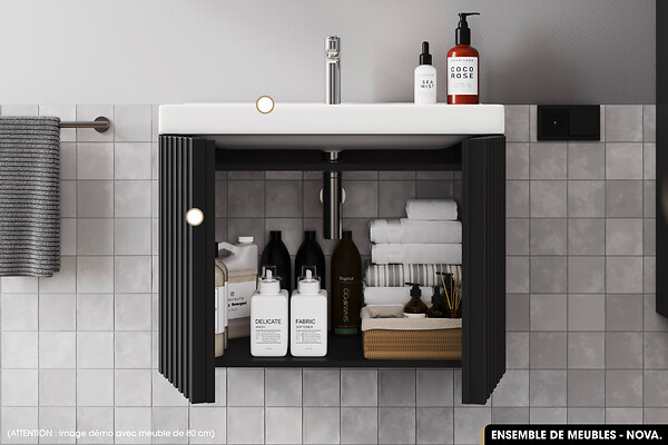 OTITEC - Ensemble complet de salle de bain - Meuble - Colonne - Miroir - Vasque à encastrer avec Siphon OFFERT | NOVA | Noir | 80 x 56 x 45 cm - large