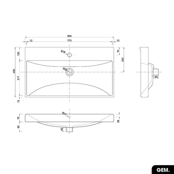 OTITEC - Vasque à encastrer avec siphon OFFERT | GEM | Blanc | 81 × 7 × 46 - large