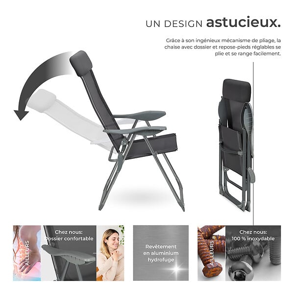 TECTAKE - 4 chaises de jardin pliantes en aluminium avec appui-tête gris anthracite - large