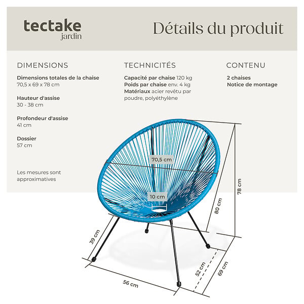 TECTAKE - Lot de 2 chaises de jardin Santana bleu - large