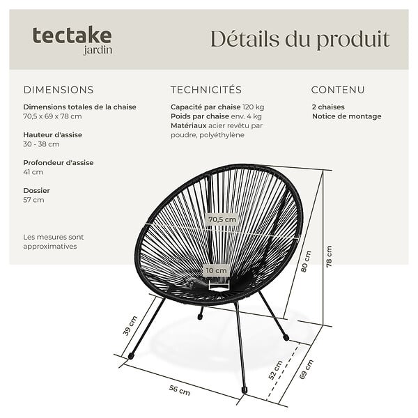TECTAKE - Lot de 2 chaises de jardin Santana noir - large