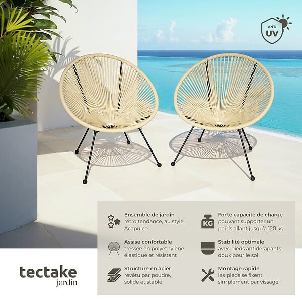 TECTAKE - Lot de 2 chaises de jardin Santana beige - large