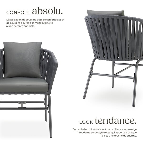 TECTAKE - Lot de 6 chaises au design corde tressée épaisseur des coussins d'assise 7 cm gris - large
