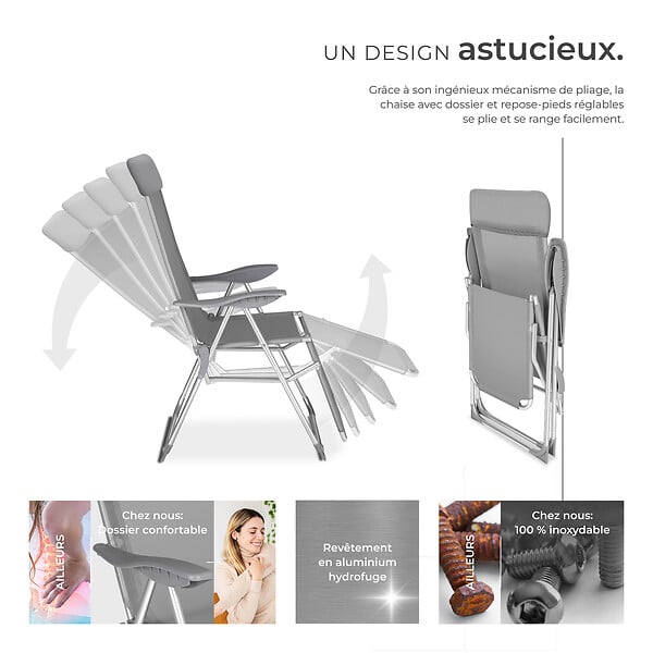 TECTAKE - 2 chaises de jardin pliantes en aluminium avec appui-tête et repose-pieds gris - large