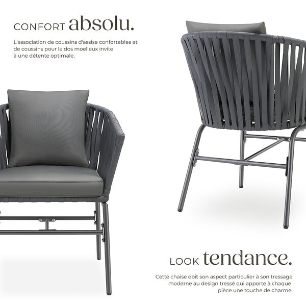 TECTAKE - Ensemble de chaises VALEIRAS effet corde tressée gris foncé/gris foncé - large