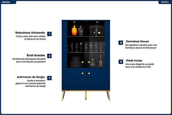 OTITEC - Armoire Vitrine - H.150 x L.92 x P.40 cm - MARIN - large