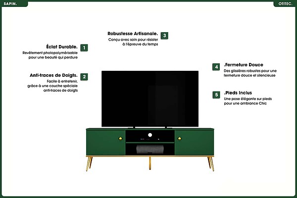 OTITEC - Meuble TV - H.54 x L.160 x P.40 cm - SAPIN - large